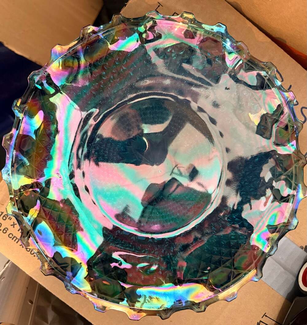 Vintage Indiana Glass Iridescent Bowl: Blue Diamond Point Ruffled Edge - ,